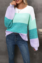 Load image into Gallery viewer, Color Block Round Neck Dropped Shoulder Sweater