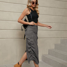 Load image into Gallery viewer, Drawstring Ruched Slit Denim Midi Skirt