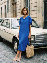 Load image into Gallery viewer, 100% Linen Bow-Tie Cuff Split-Hem Midi Dress JESSAMINE
