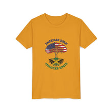 Load image into Gallery viewer, Youth Tee - "American Born Jamaican Roots" Patriotic USA/Jamaica Tree Graphic
