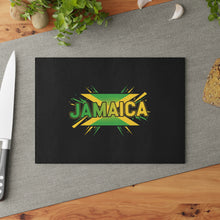 Load image into Gallery viewer, Jamaica Glass Cutting Board — Jamaican Flag Graphic Kitchen Prep Board
