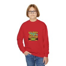 Load image into Gallery viewer, Youth Crewneck Sweatshirt - "Wi Likkle But Wi Tallawah" Jamaican Flag Kids Sweatshirt
