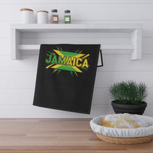 Load image into Gallery viewer, Jamaica Graphic Tea Towel — Black Kitchen Towel with Reggae Flag Design

