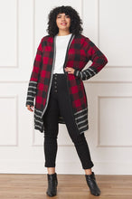 Load image into Gallery viewer, Long Buffalo Plaid Stripe Trim Open Cardigan
