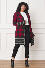 Load image into Gallery viewer, Long Buffalo Plaid Stripe Trim Open Cardigan
