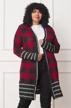 Load image into Gallery viewer, Long Buffalo Plaid Stripe Trim Open Cardigan
