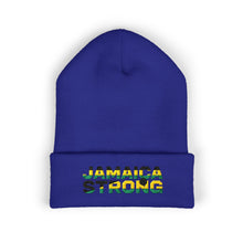 Load image into Gallery viewer, Jamaica Strong Embroidered Cuffed Beanie — Reggae Flag Knit Hat
