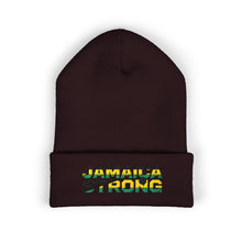 Load image into Gallery viewer, Jamaica Strong Embroidered Cuffed Beanie — Reggae Flag Knit Hat
