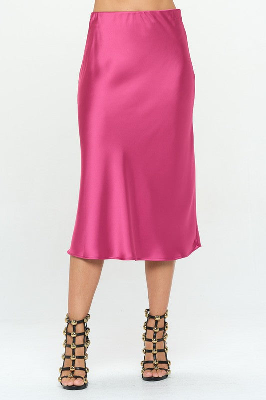 Solid Stretch Satin Midi Skirt