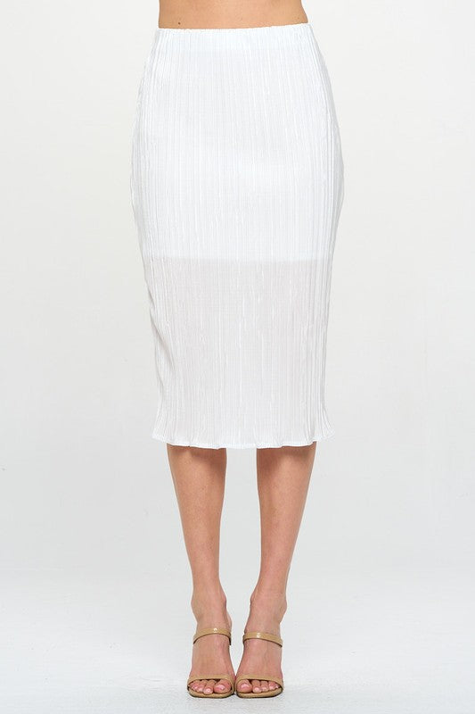 White Solid Plisse Midi Skirt
