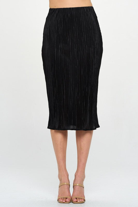 Black Solid Plisse Midi Skirt