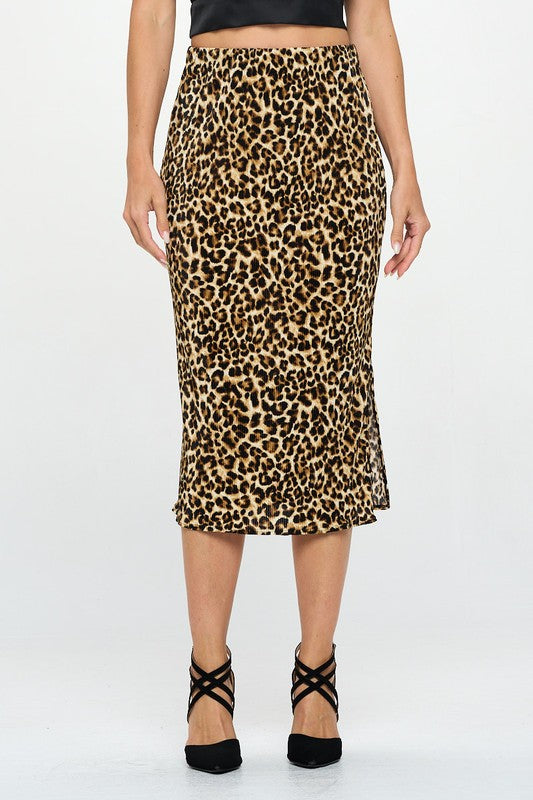 Leopard Print Plisse Midi Skirt