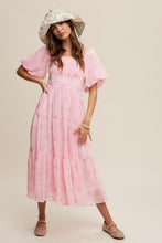 Load image into Gallery viewer, Flower Embroidered Puff Sleeve Tiered Maxi Dress
