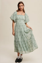 Load image into Gallery viewer, Flower Embroidered Puff Sleeve Tiered Maxi Dress
