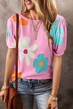 Load image into Gallery viewer, Woemn Pink Flower Print Bubble Sleeve Tee
