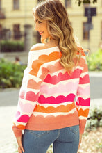 Load image into Gallery viewer, Rose Red Wave Striped Balloon Sleeve Drop Sweater
