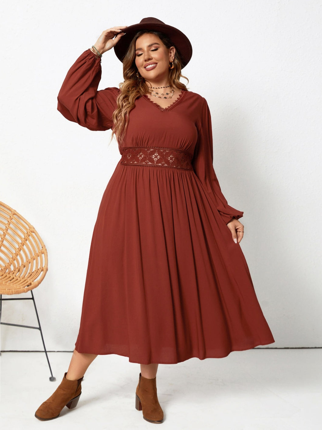 Lace Detail V-Neck Balloon Sleeve Dress