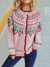 Load image into Gallery viewer, Contrast Geometric Round Neck Long Sleeve Cardigan
