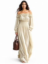 Load image into Gallery viewer, Whitley Off-Shoulder Ruffled Maxi Dress with Smocked Waist
