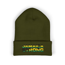 Load image into Gallery viewer, Jamaica Strong Embroidered Cuffed Beanie — Reggae Flag Knit Hat
