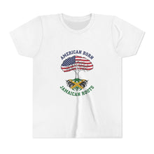Load image into Gallery viewer, Youth Tee - "American Born Jamaican Roots" Patriotic USA/Jamaica Tree Graphic

