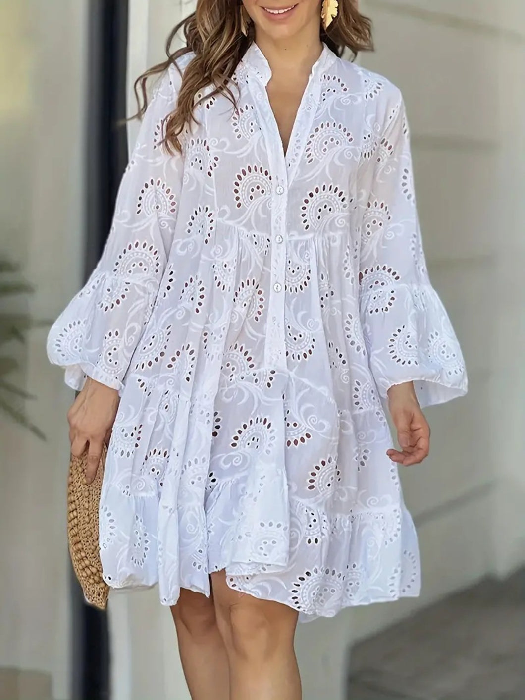 Kacey Eyelet Notched Long Sleeve Dress