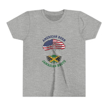 Load image into Gallery viewer, Youth Tee - "American Born Jamaican Roots" Patriotic USA/Jamaica Tree Graphic
