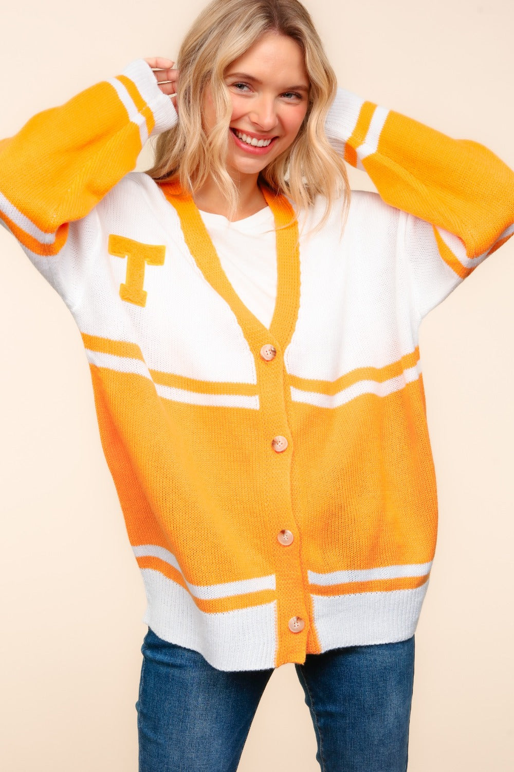 CASSIE V Neck Letter Patch Cardigan