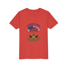 Load image into Gallery viewer, Youth Tee - "American Born Jamaican Roots" Patriotic USA/Jamaica Tree Graphic
