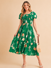 Load image into Gallery viewer, Boho Retro Tiered Puff Sleeve Floral Midi Dress
