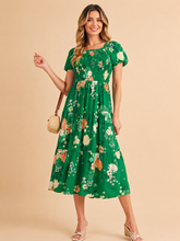 Load image into Gallery viewer, Boho Retro Tiered Puff Sleeve Floral Midi Dress
