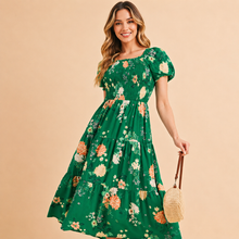 Load image into Gallery viewer, Boho Retro Tiered Puff Sleeve Floral Midi Dress
