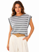 Load image into Gallery viewer, Florira Striped Round Neck Cap Sleeve T-Shirt
