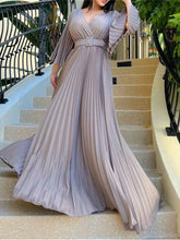 Load image into Gallery viewer, Elegant V-Neck Pleated Maxi Dress with Belt
