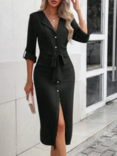 Load image into Gallery viewer, Tied Button Up Collared Neck Roll-Tab Sleeve Dress
