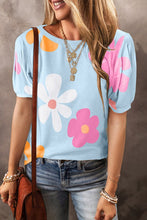 Load image into Gallery viewer, Woemn Pink Flower Print Bubble Sleeve Tee
