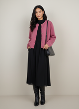 Load image into Gallery viewer, Asian woman in pink cardigan with black midi dress
