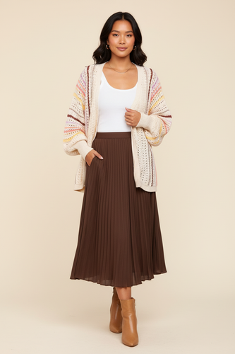 Asian woman in striped cardigan with brown midi skirt