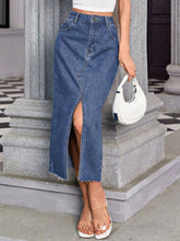 Load image into Gallery viewer, Slit Midi Denim Skirt with Pockets
