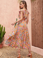 Load image into Gallery viewer, Ruffled Printed V-Neck Cap Sleeve Tiered Dress
