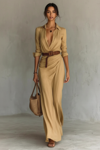 Load image into Gallery viewer, Beige wrap dress on Hispanic model

