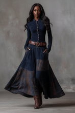 Load image into Gallery viewer, Black model in navy patchwork dress
