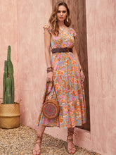 Load image into Gallery viewer, Ruffled Printed V-Neck Cap Sleeve Tiered Dress
