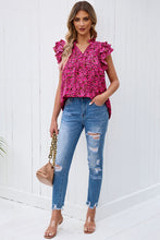 Load image into Gallery viewer, Floral Flutter Sleeve Notched Neck Blouse
