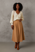 Load image into Gallery viewer, Cream cardigan with camel midi skirt
