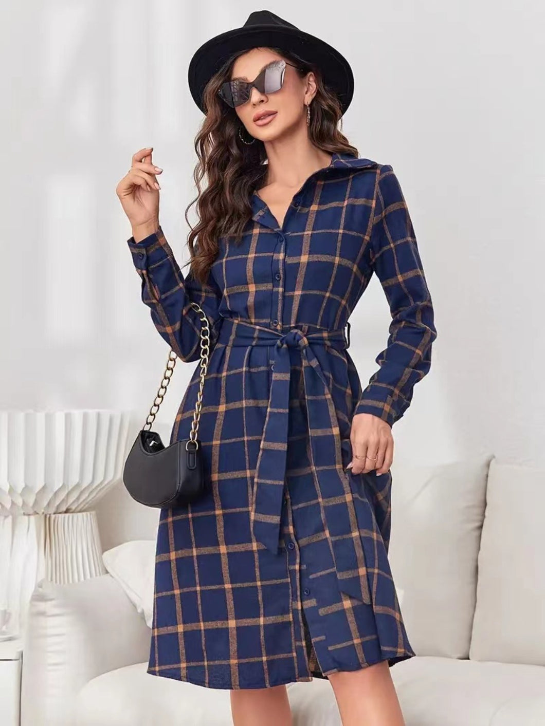 Kassidy Plaid Tie Waist Long Sleeve Dress