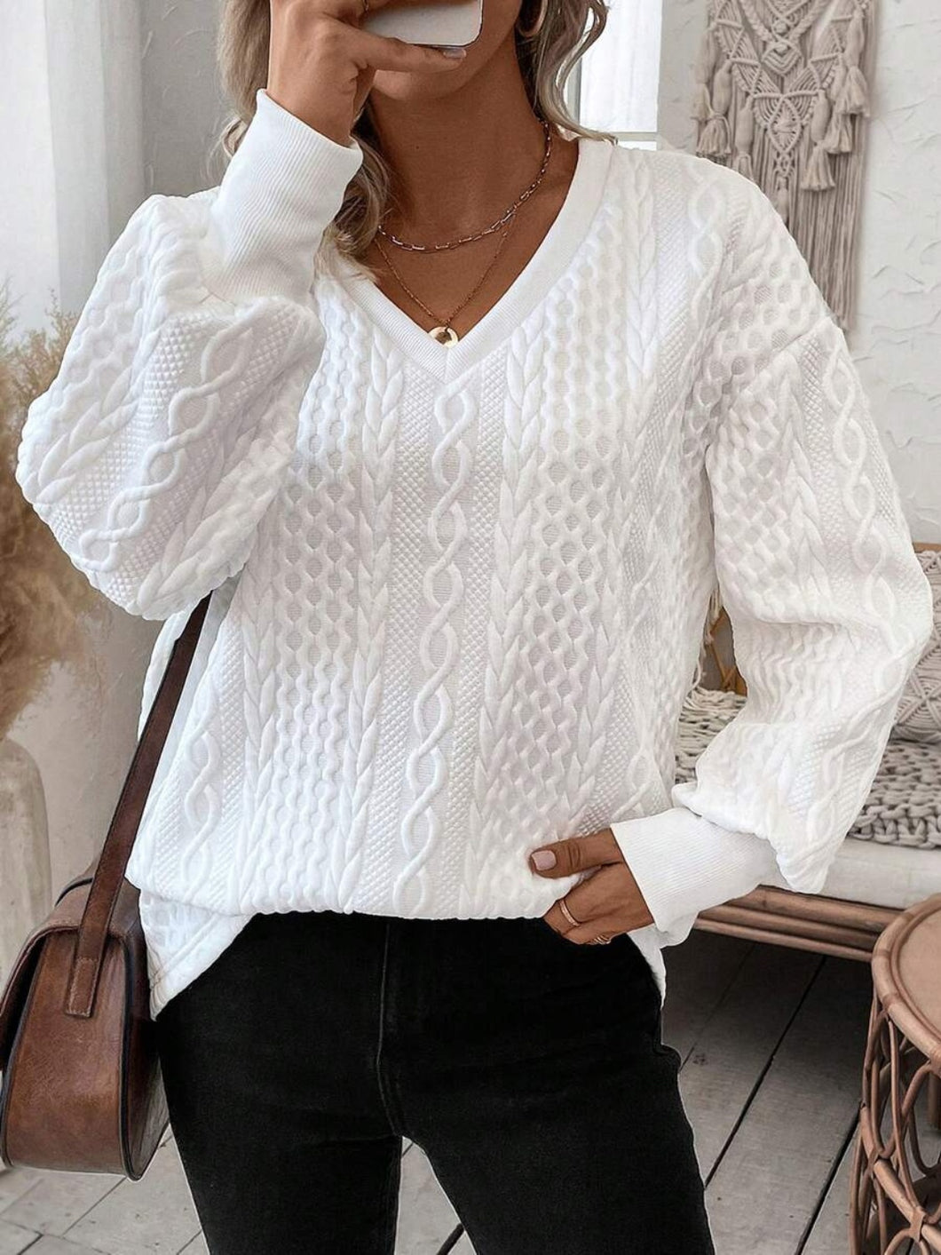 White V-Neck Long Sleeve Sweatshirt