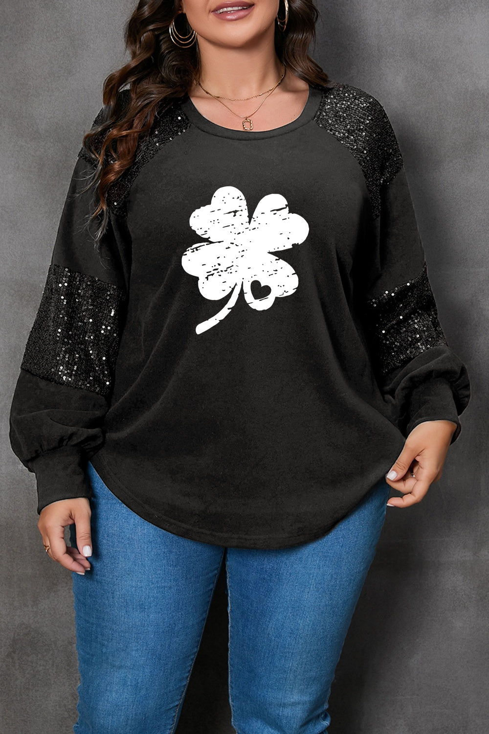 Lucky Clover Sequin Round Neck Blouse