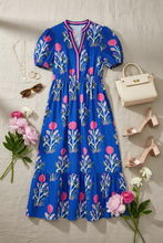 Load image into Gallery viewer, Flat lay composition for blue floral dress
