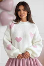 Load image into Gallery viewer, Heart Round Neck Knitted Sweater with model's face visible
